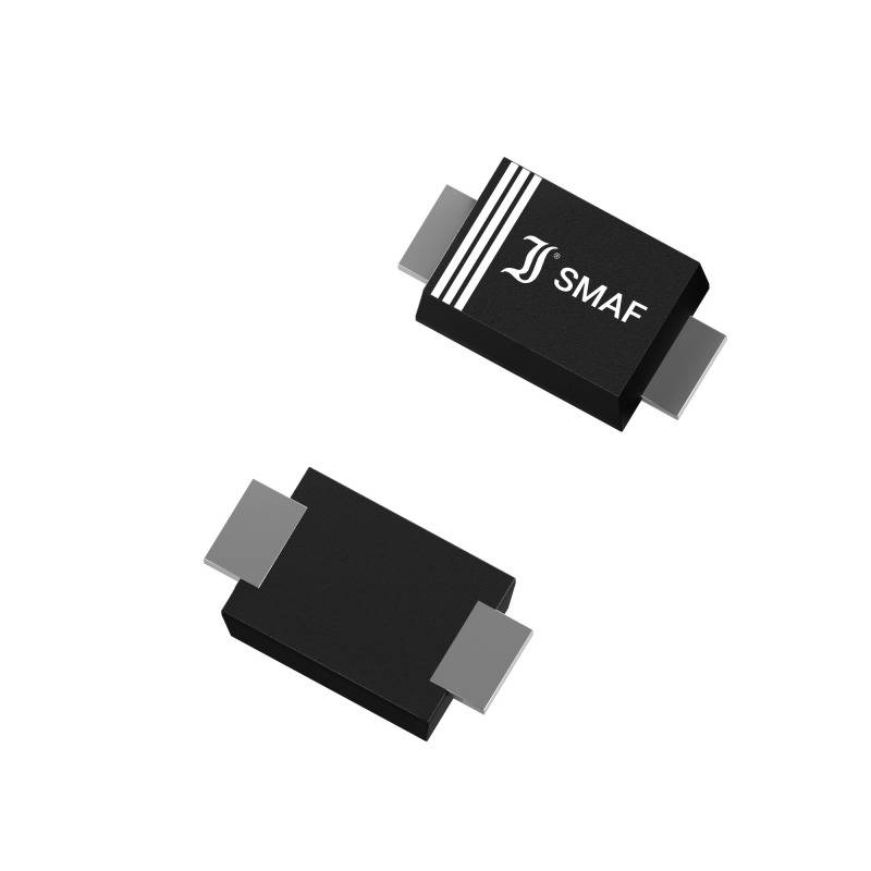 Two rectangular, black electronic components with metallic contacts, one of them bearing the inscription 'SMAF'.