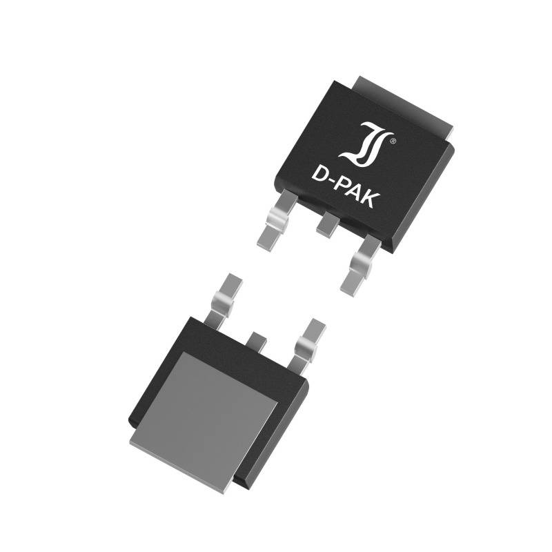 Two black electronic components in a D-Pak housing with silver contacts, positioned side by side.