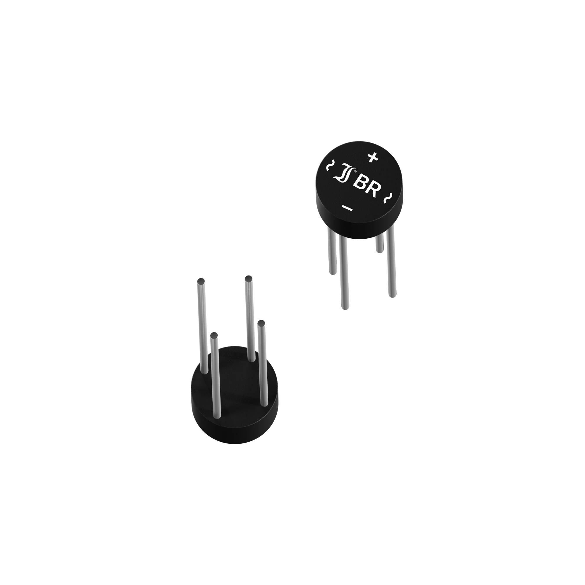 Two cylindrical electronic components with connection legs, one viewed from above and one from the side. Plus and minus signs marked.