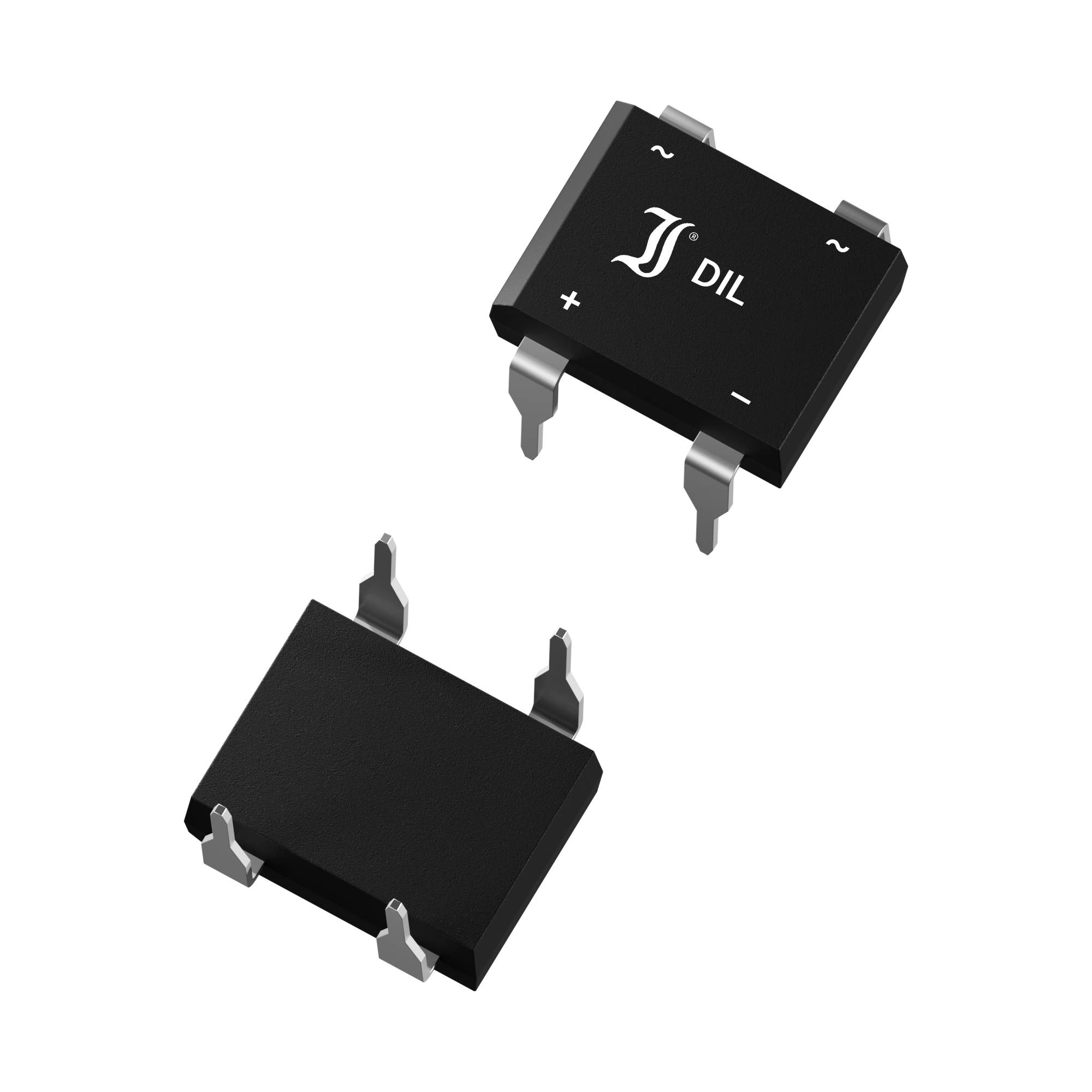 'Two black diodes, one with '+' and '-' symbols, on a white background. They have three metal connections on each side.'