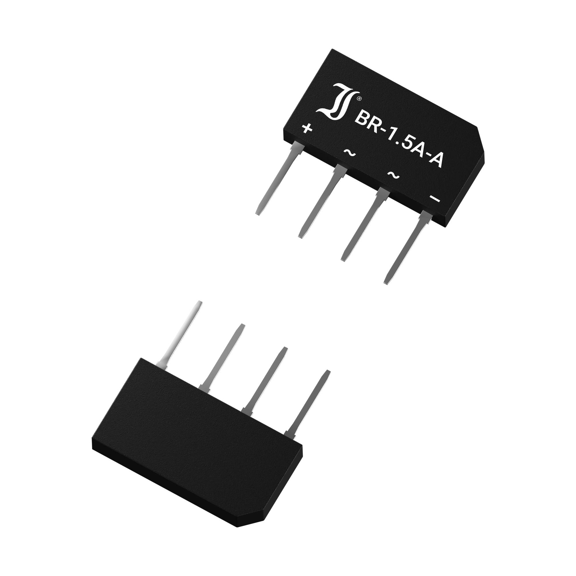 A rectangular electronic component, likely a bridge rectifier, with four silver connection pins arranged in two groups.