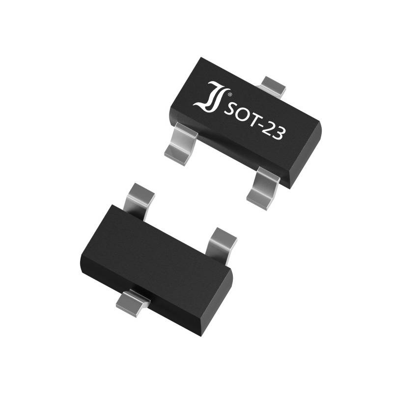 Two SOT-23 packages, small black electronic components with three terminals, designed for printed circuit board use.