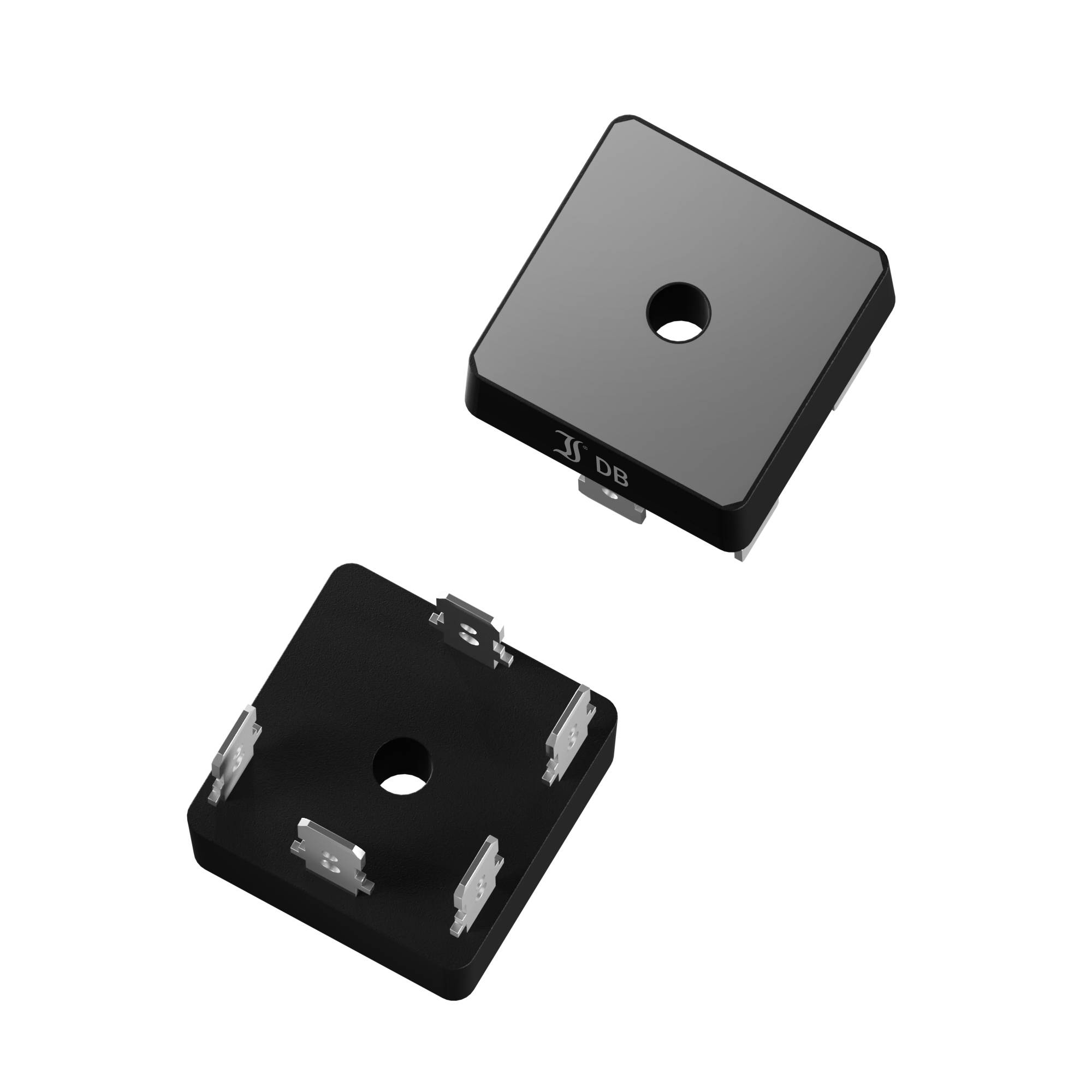 A rectangular, black electronic component with four metal terminals on the sides and a hole in the centre.