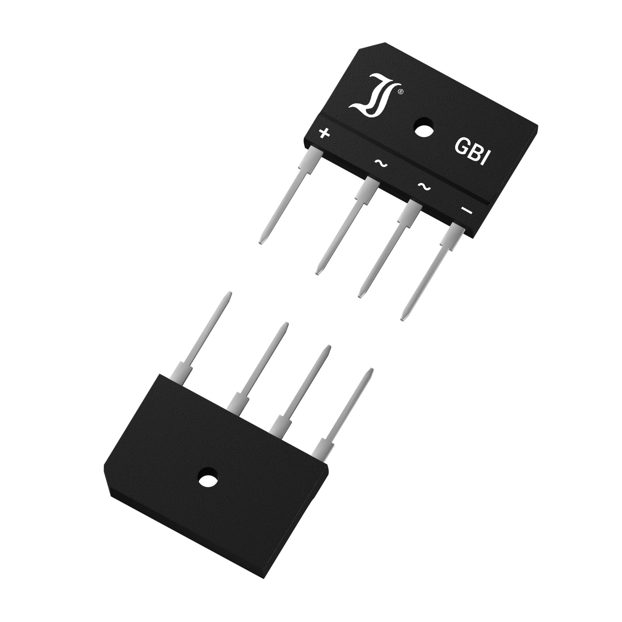 A bridge rectifier with four connection pins, a '+' and '-' symbol for DC outputs and two '~' symbols for AC inputs.