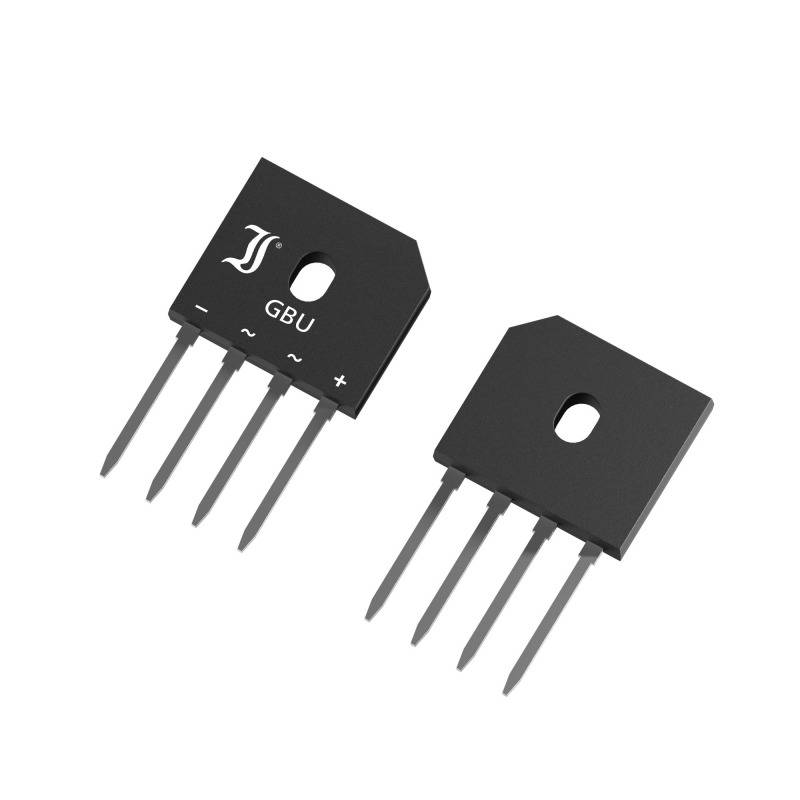 Two black semiconductor components, each with four metal pins. Both components have mounting holes and are labelled 'GBU'.
