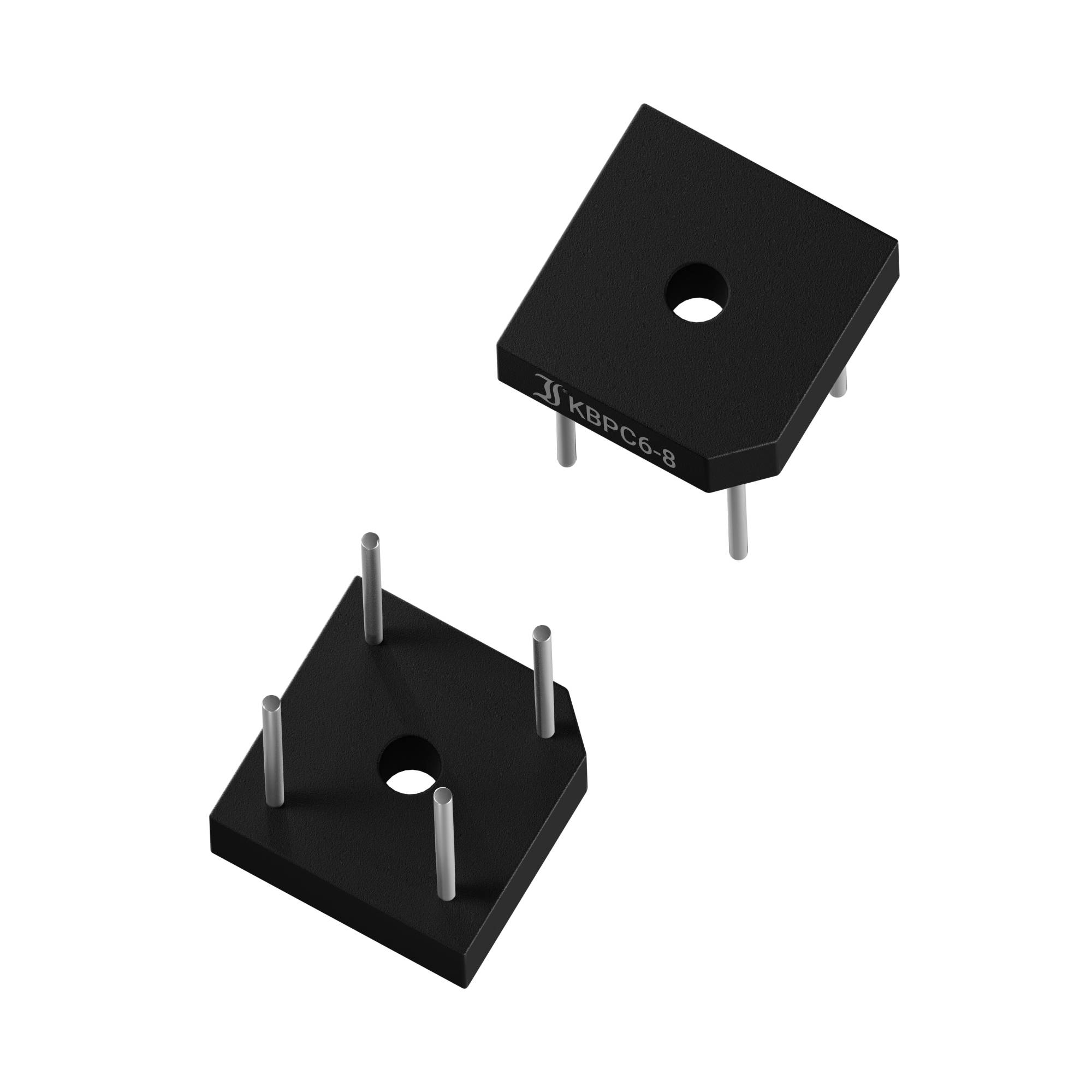 Two black bridge rectifiers with four pins, in a square format, on a white background.