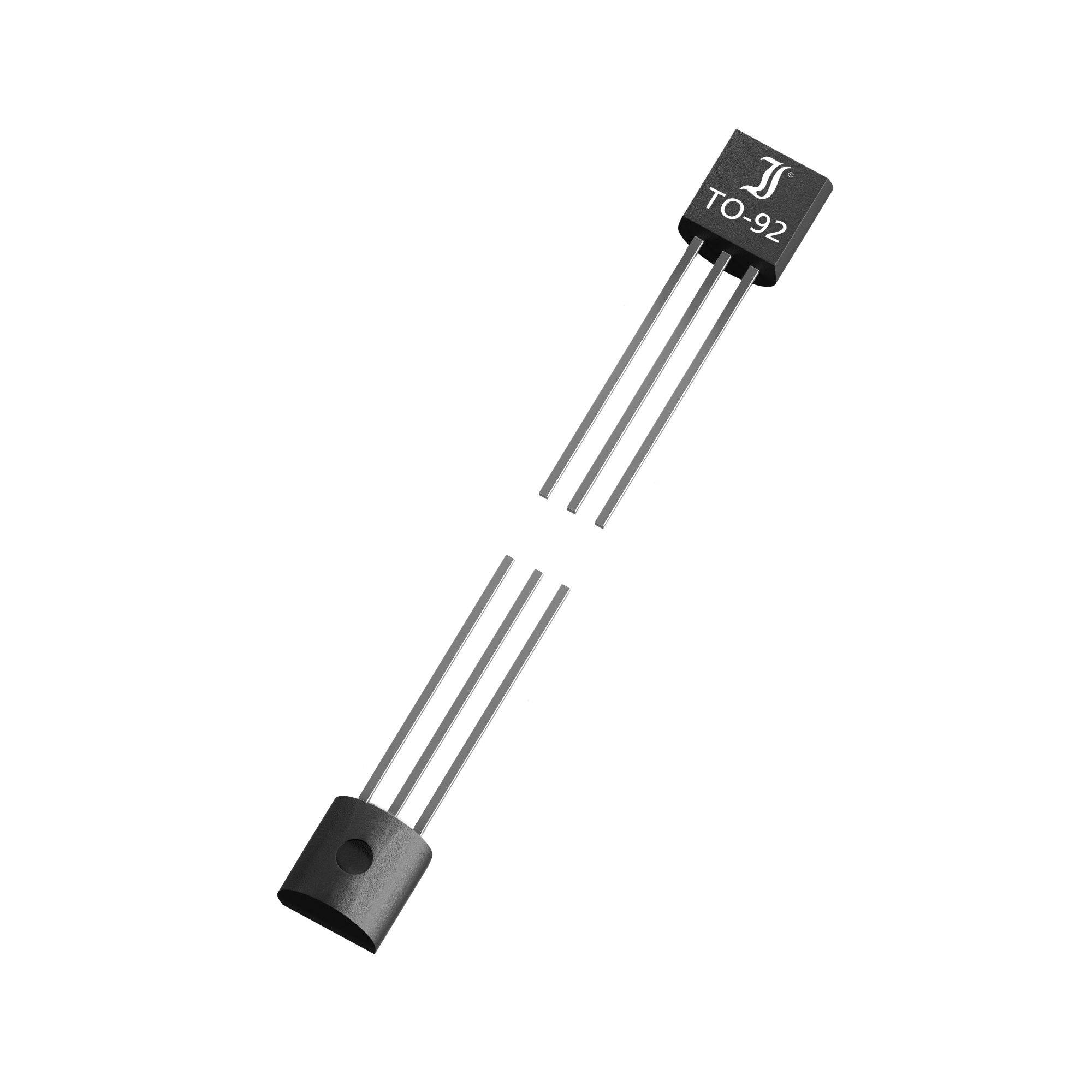 A semiconductor device in a black TO-92 package with three long lead pins, commonly used in electronic circuits.