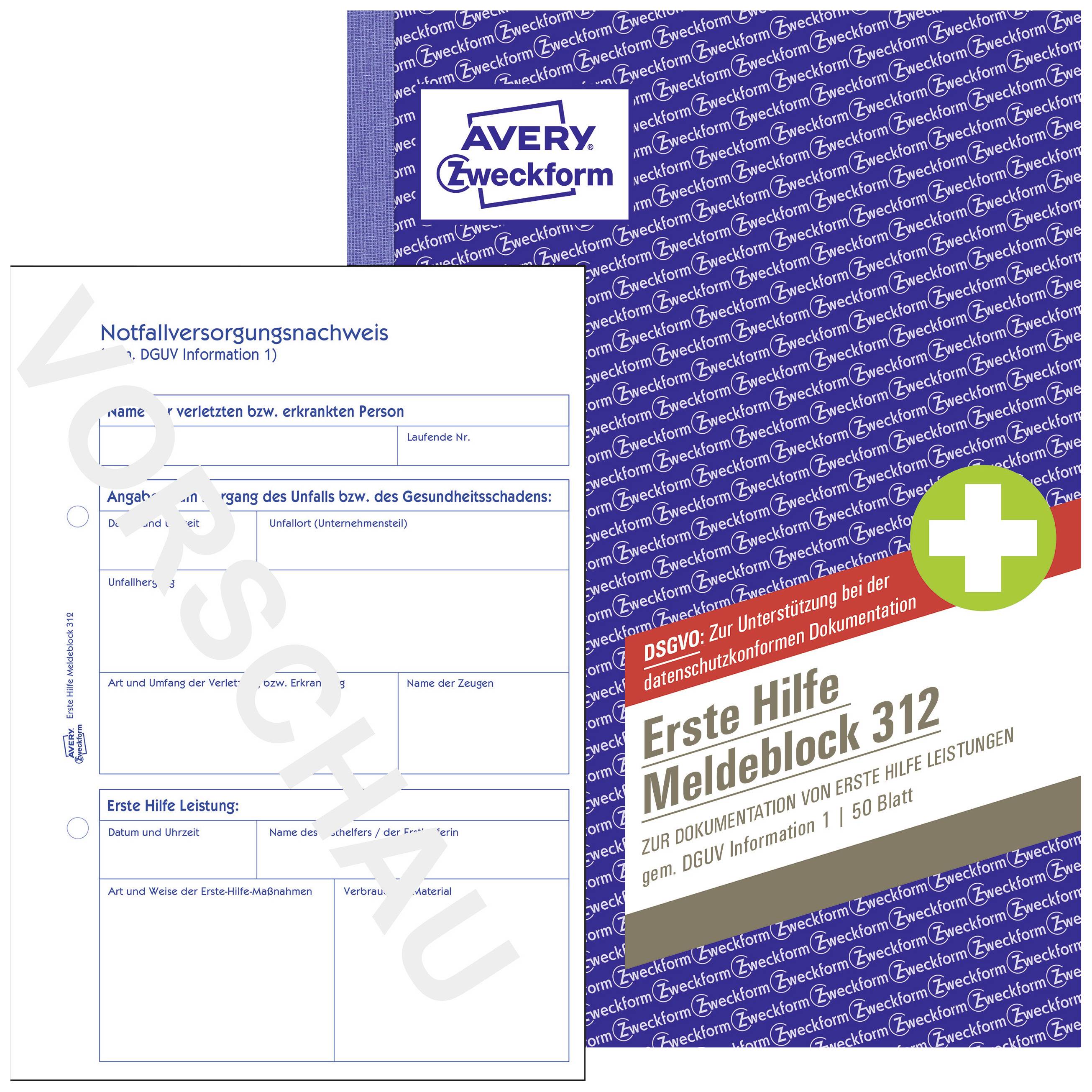 'First Aid Report Pad 312' for documenting first aid assistance. Contains emergency care and accident description, GDPR-compliant.