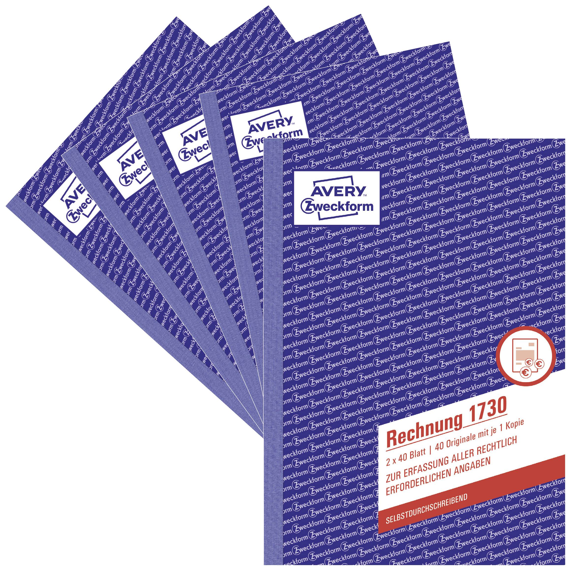 Six notepads with purple covers, brand name 'Avery Zweckform', and label 'Invoice 1730'.