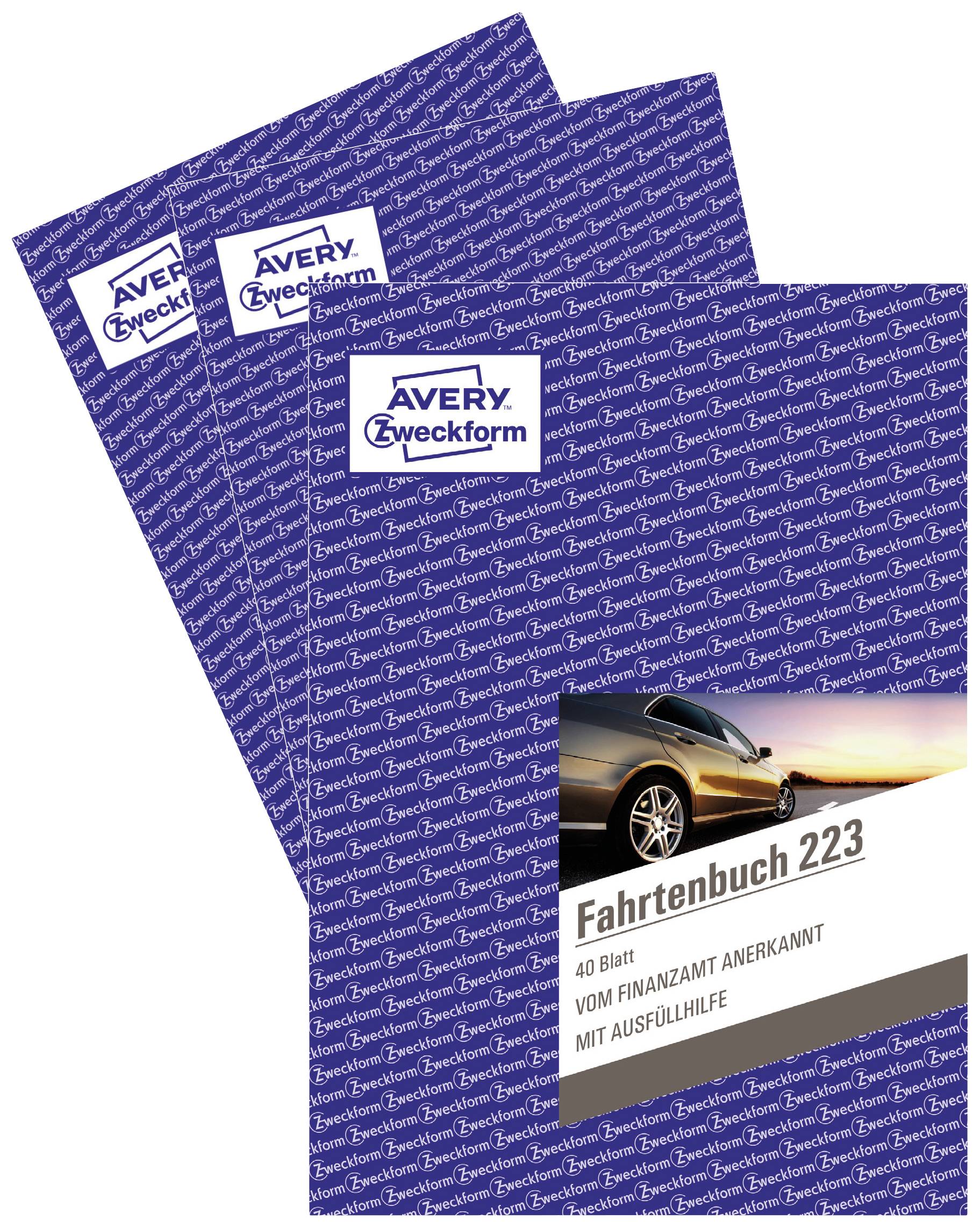 Logbook 223 by Avery Zweckform, 40 pages, recognised by tax authorities, with completion guidance. Cover features car illustration.