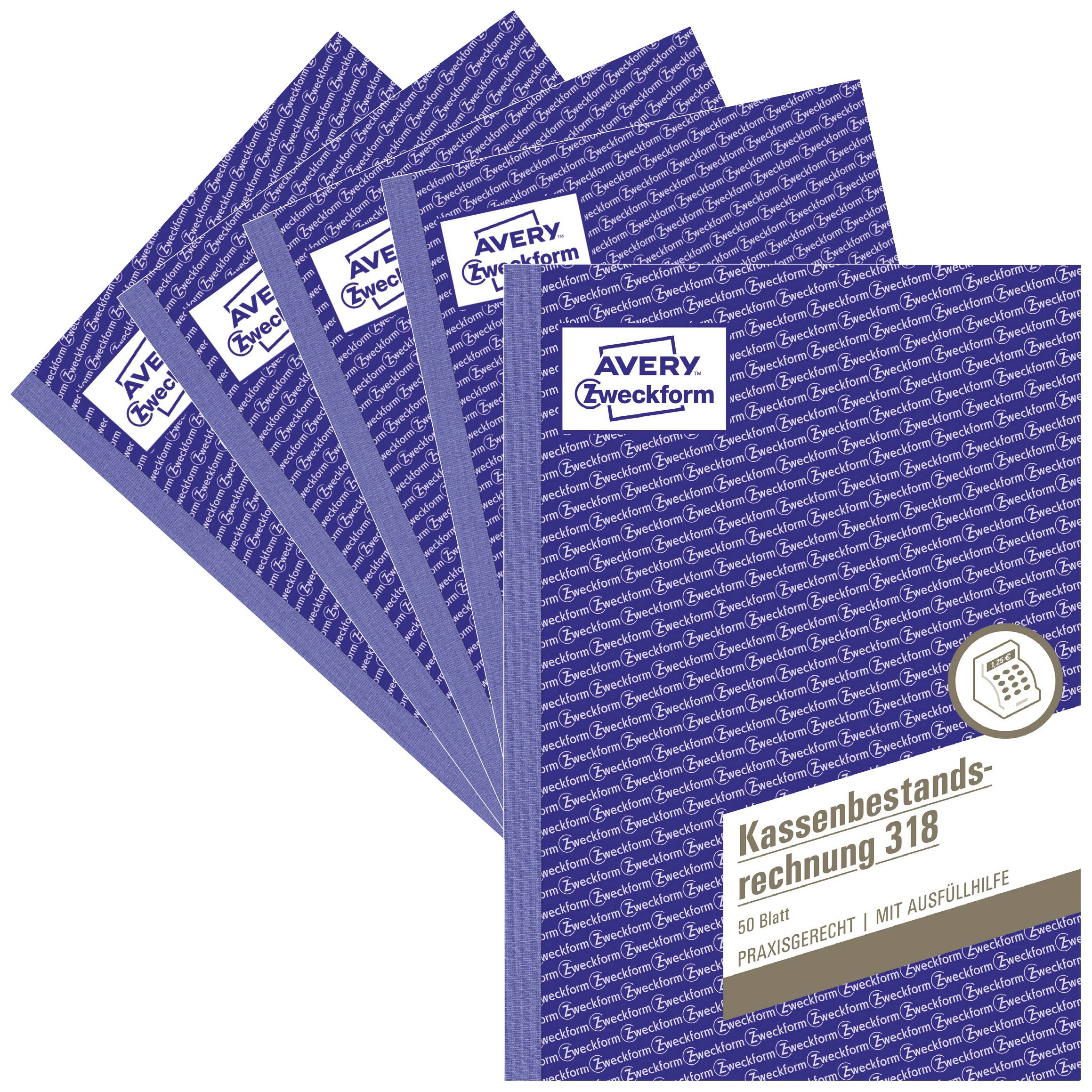 Five packs of 'Avery Zweckform' cash book, each with 50 sheets, practical with filling guidance. Sheet shows invoice template.