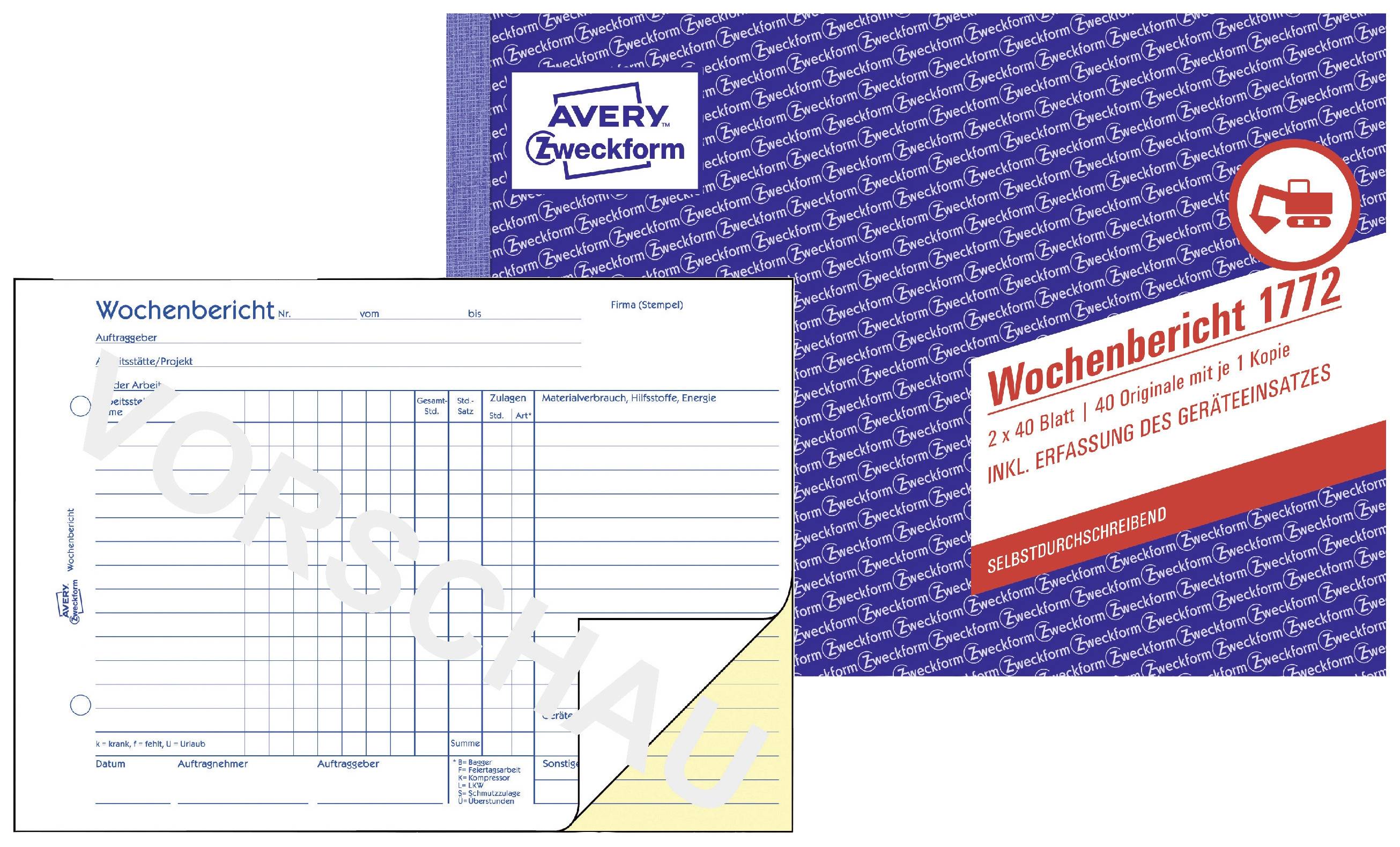 'Weekly Report 1772' by Avery Zweckform. Form with fields for date, tasks, and hours. Blue with a red stripe.