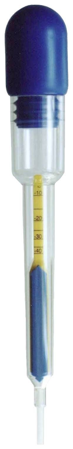 A pipette with a blue rubber bulb and graduated scale. Primarily used for precise volume measurement in laboratories.