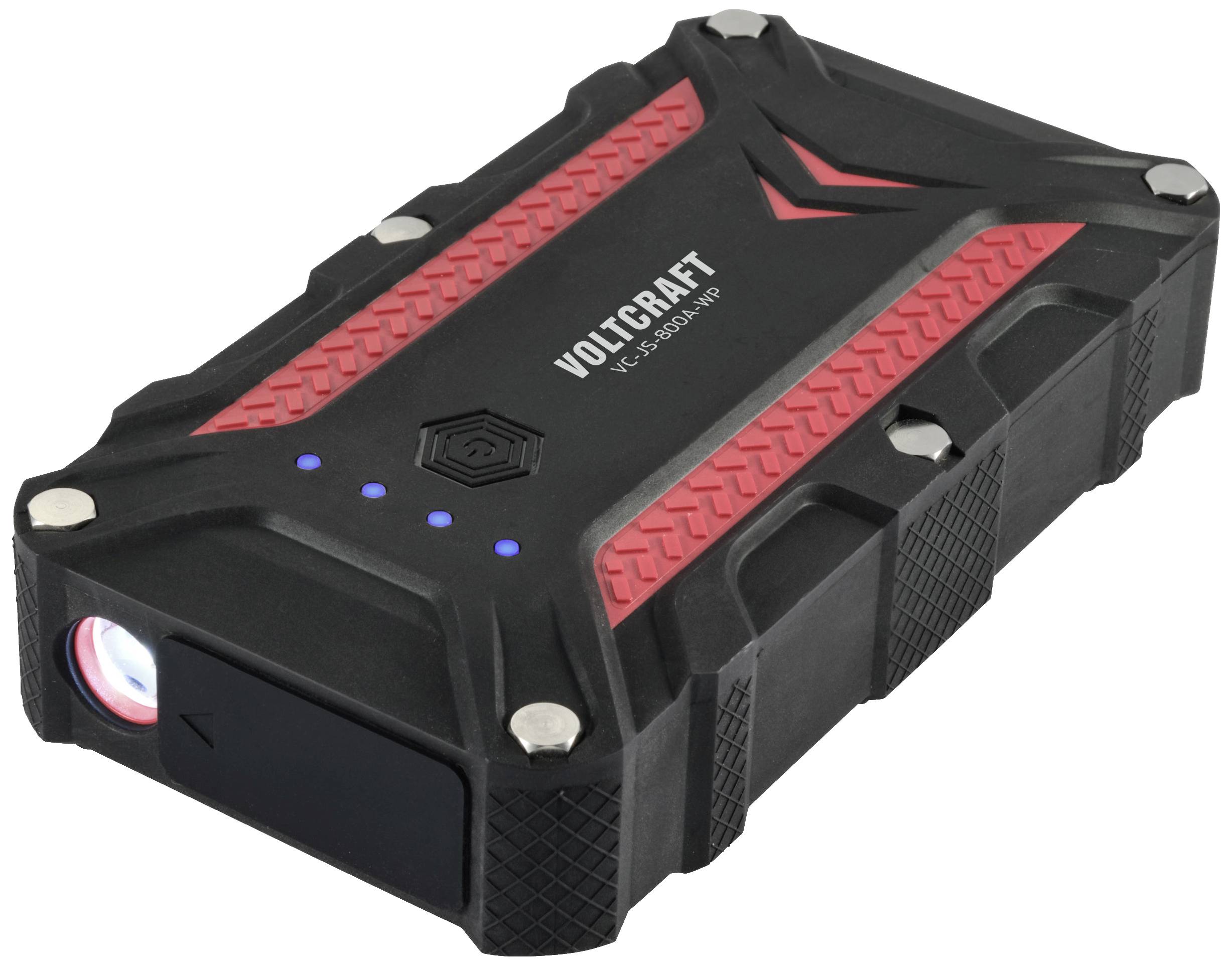 A robust, black and red portable power bank device with multiple blue LED indicators and a torch on the side.