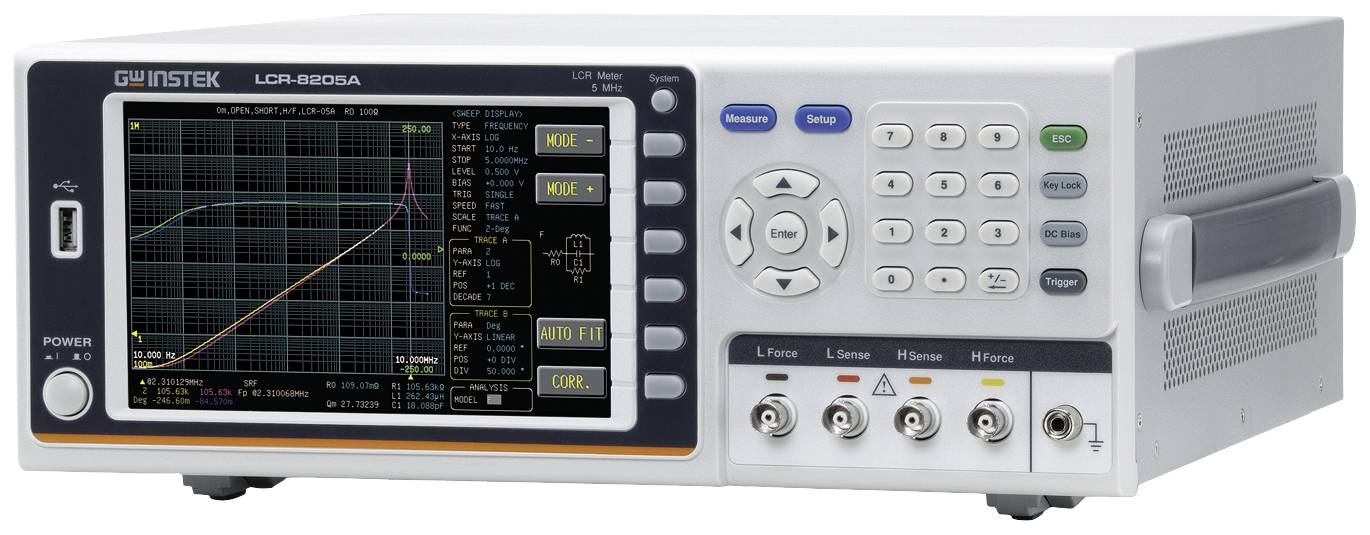 An LCR measuring device with a screen displaying measurement curves and a keypad. Used for analysing electrical components.