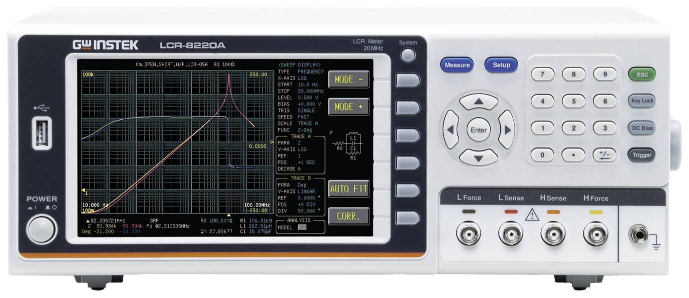 An LCR meter with a display shows various graphics and measurements. On the right-hand side are buttons for operation.