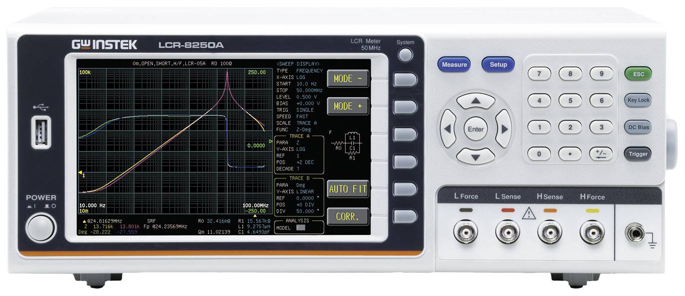 An LCR measuring device with a digital display shows graphical measurement curves. Keypad and connections are visible. Device for material analysis.