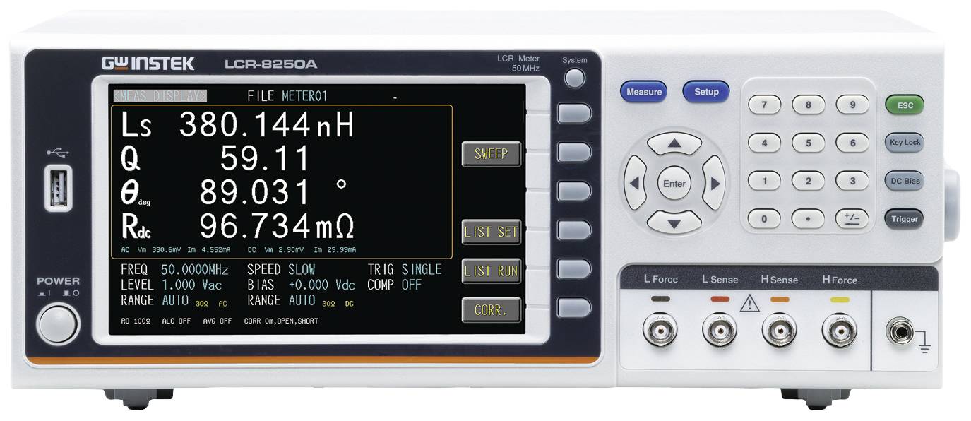 An LCR measuring device shows measurement values for 'Ls: 380.144 nH', 'Q: 89.031', and 'Rd: 96.734 mΩ'. Buttons and connections are visible.