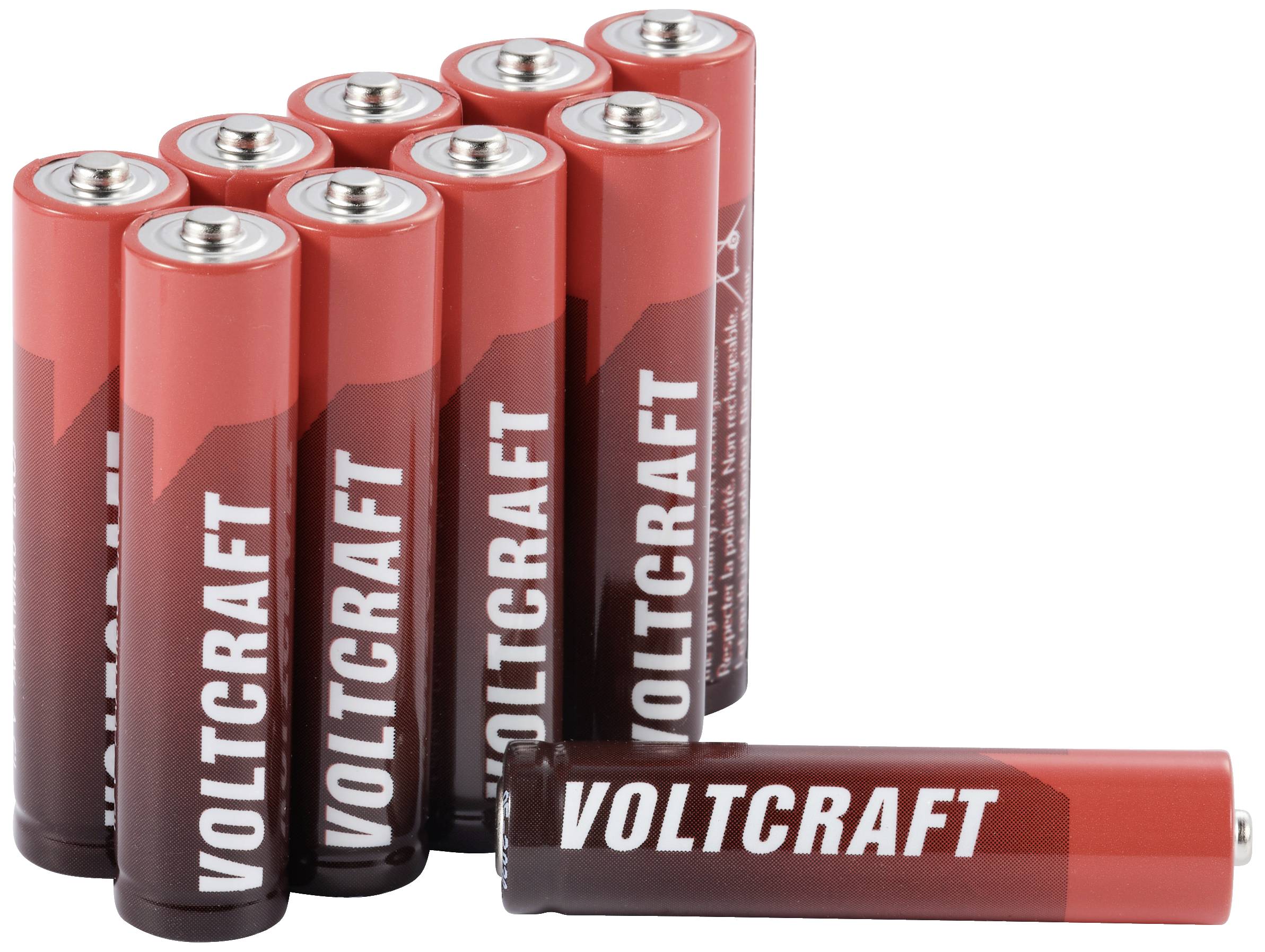 'Voltcraft' batteries in a stack, one lying separately. They are red and suitable for general electrical devices.