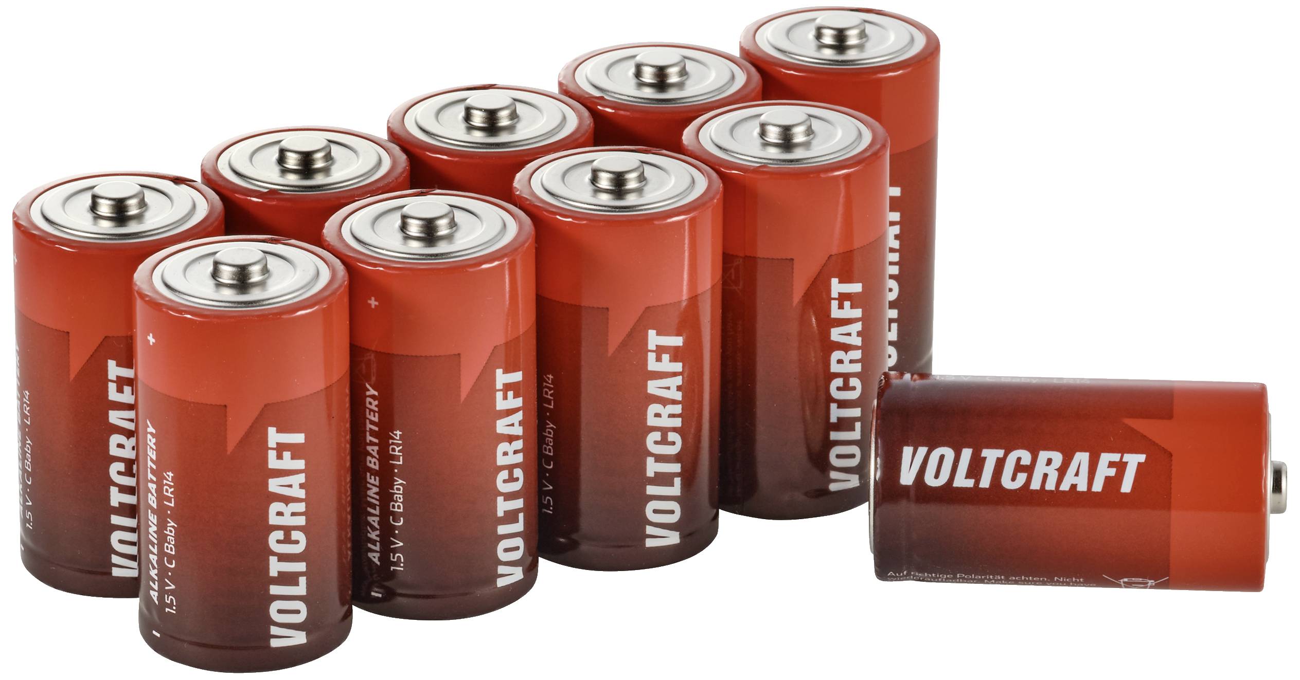 Ten red batteries with the label 'VOLTCRAFT'. One battery is positioned separately on the right, all are cylindrical in shape.