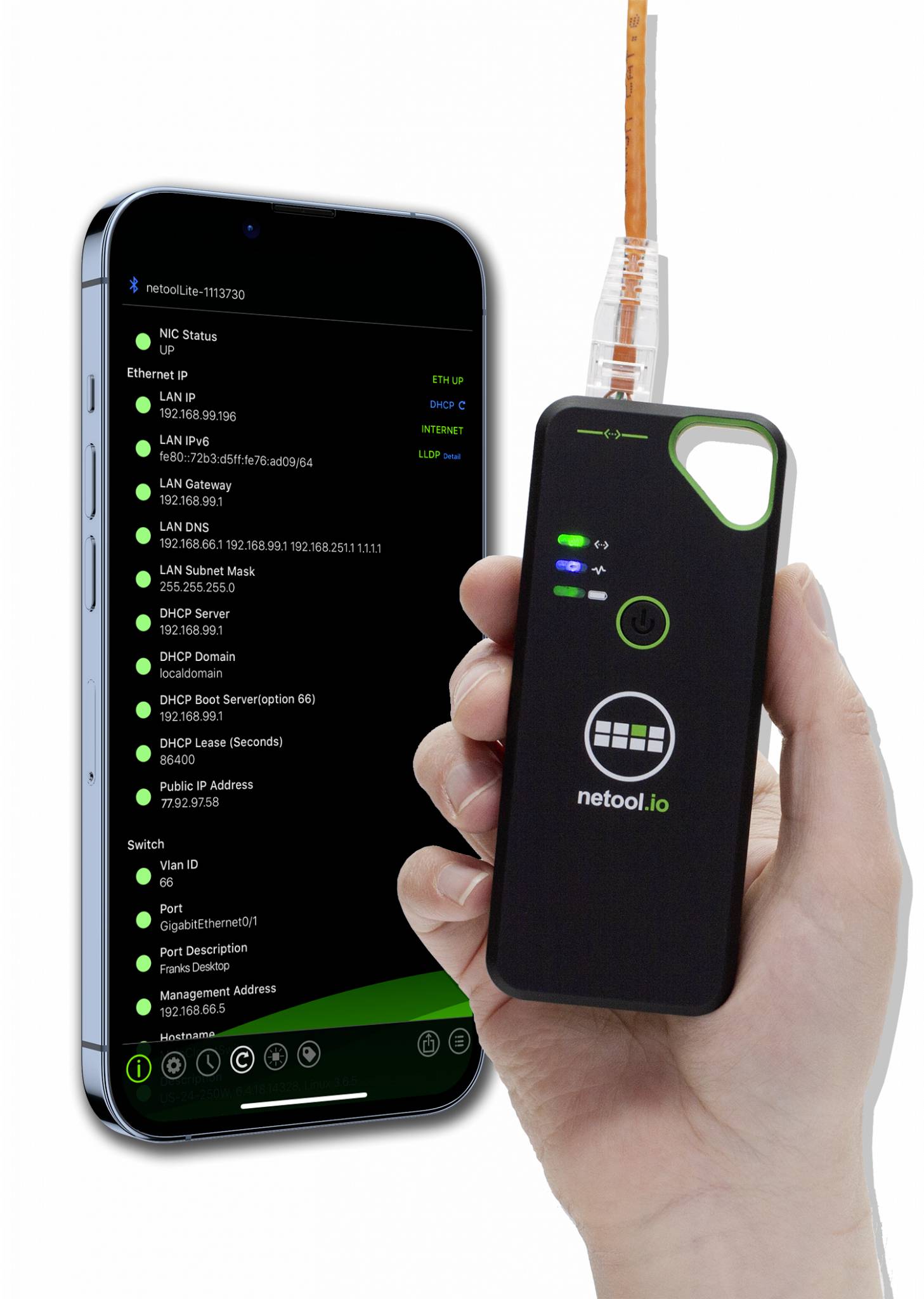 A device is being held in one hand and is connected to a smartphone, displaying network information on the screen.