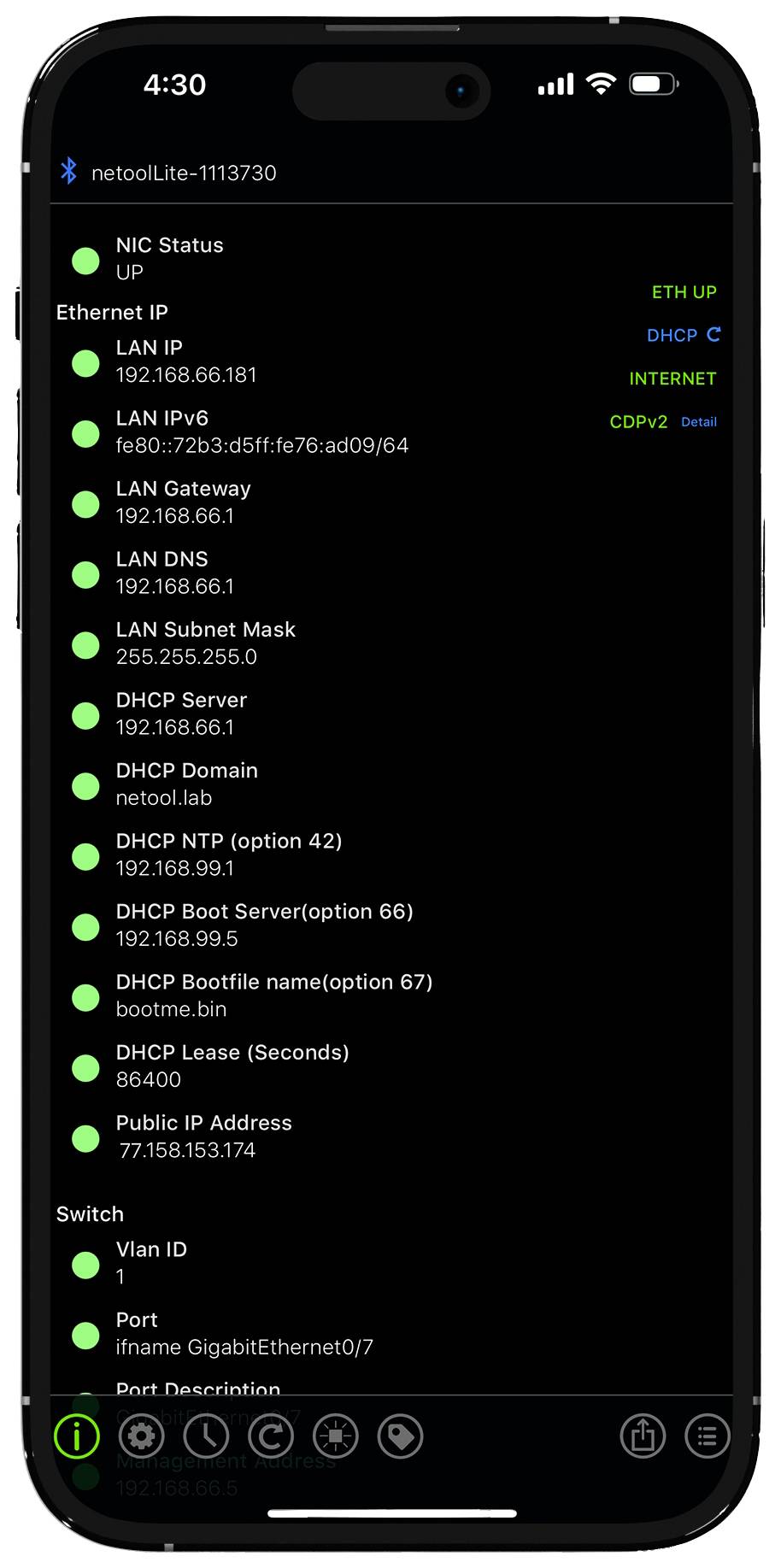 'NetoolLite-1113730' on smartphone screen displays network status, including IP addresses, subnet mask and DHCP details.