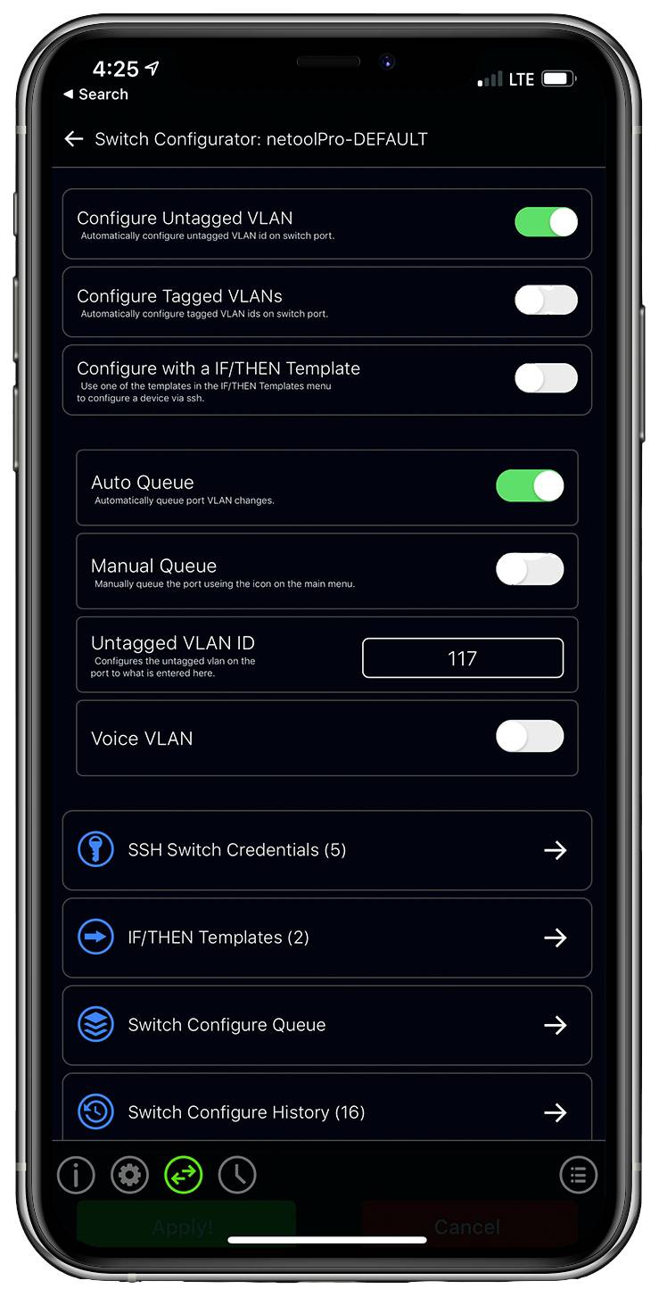 'Switch Configurator' interface on a smartphone screen with options for configuring VLANs, Auto Queue enabled.
