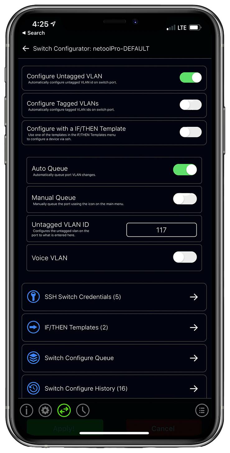 A smartphone displays the configuration page for network switches, with options for VLAN settings, automation, and login credentials.