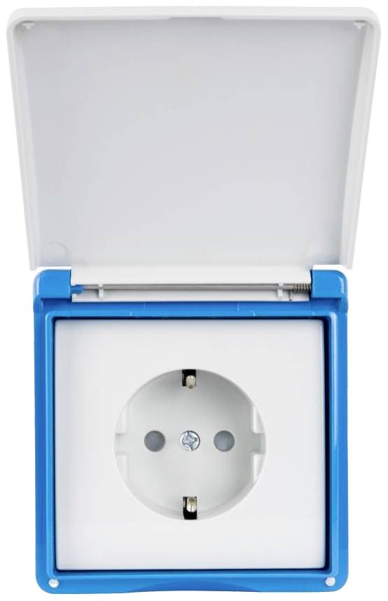 Blue, waterproof socket with open lid, showing the round opening for the plug. Suitable for outdoor use.
