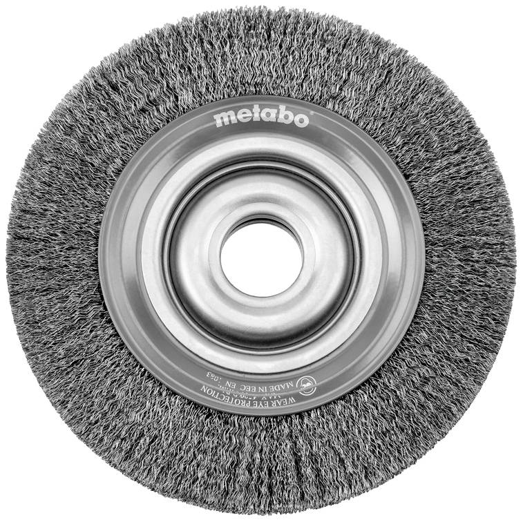 Round wire brush with metal ring, suitable for grinding work. 'Metabo' and 'MADE IN EEC' markings visible.