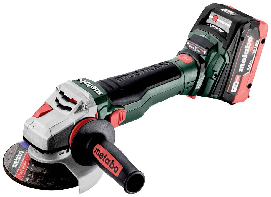 Battery-powered angle grinder by Metabo with a black handle and red, detachable battery against a white background.