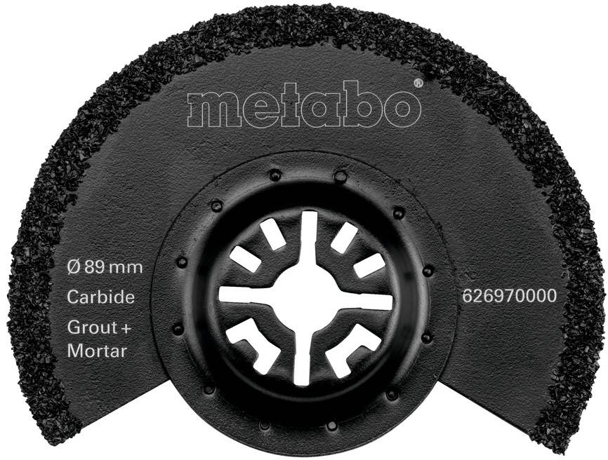 Black circular saw blade with 'metabo' inscription. Diameter 89 mm, suitable for carbide, joints and mortar, item number 626970000.