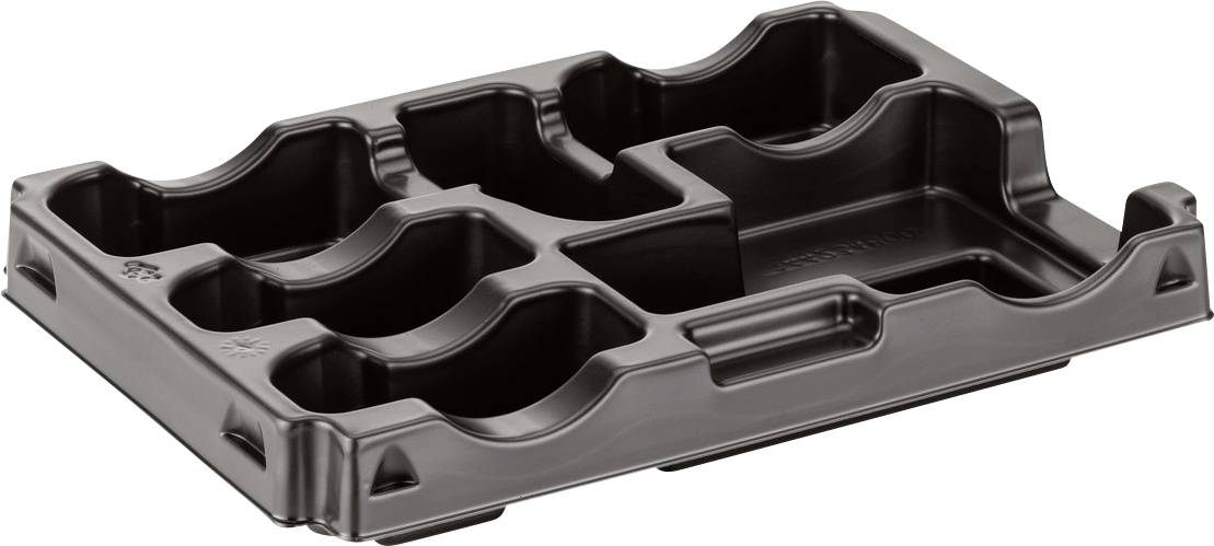 Black molded plastic organizer tray with multiple compartments and dividers for storing tools or small parts.