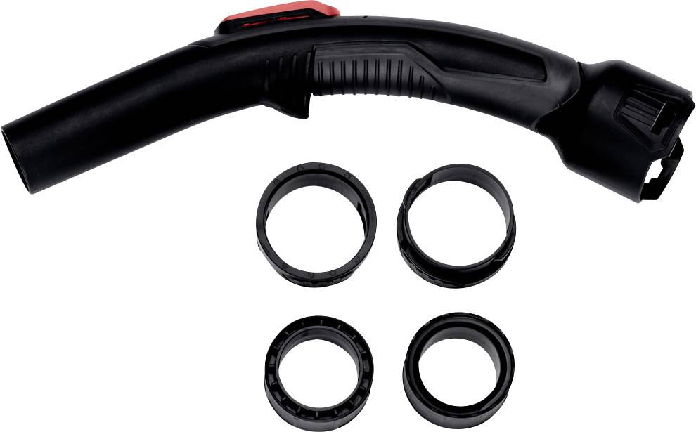 A black vacuum cleaner accessory with a red switch and four circular nozzle attachments on a white background.