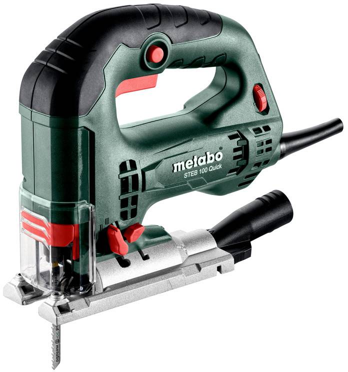 A green Metabo jigsaw, model STEB 100 Quick, with a black handle and red switch, shows the front view with the saw blade.