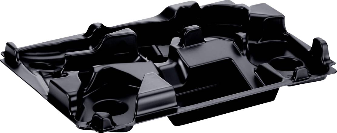 Black molded plastic tray or automotive liner with raised edges and multiple compartments, shown isolated on a white background.