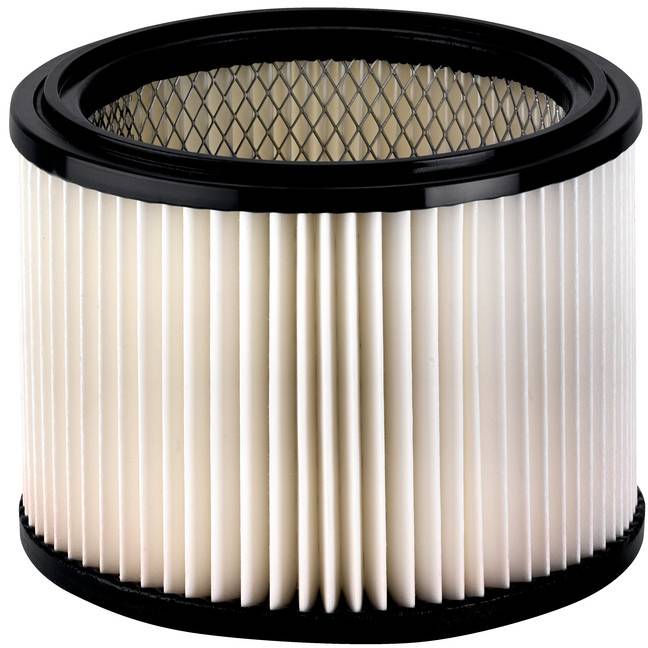A cylindrical air filter with white, pleated lamellae and a black rim, suitable for vacuum cleaners or air purification devices.