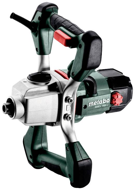 A green hand mortar mixer with a black handle and red detail, brand name on the device.