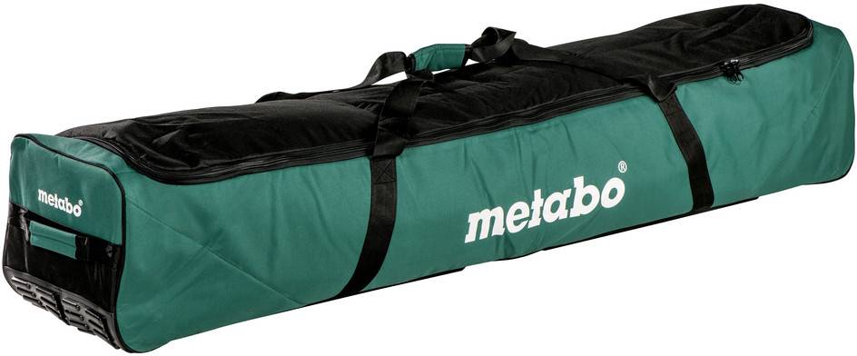 Green Metabo branded carrying bag for a long power tool, with black handles and zipper.