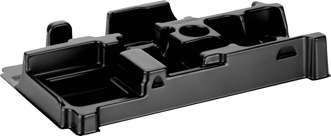 Black plastic storage tray or organizer insert with multiple molded compartments and raised edges, shown on a white background.