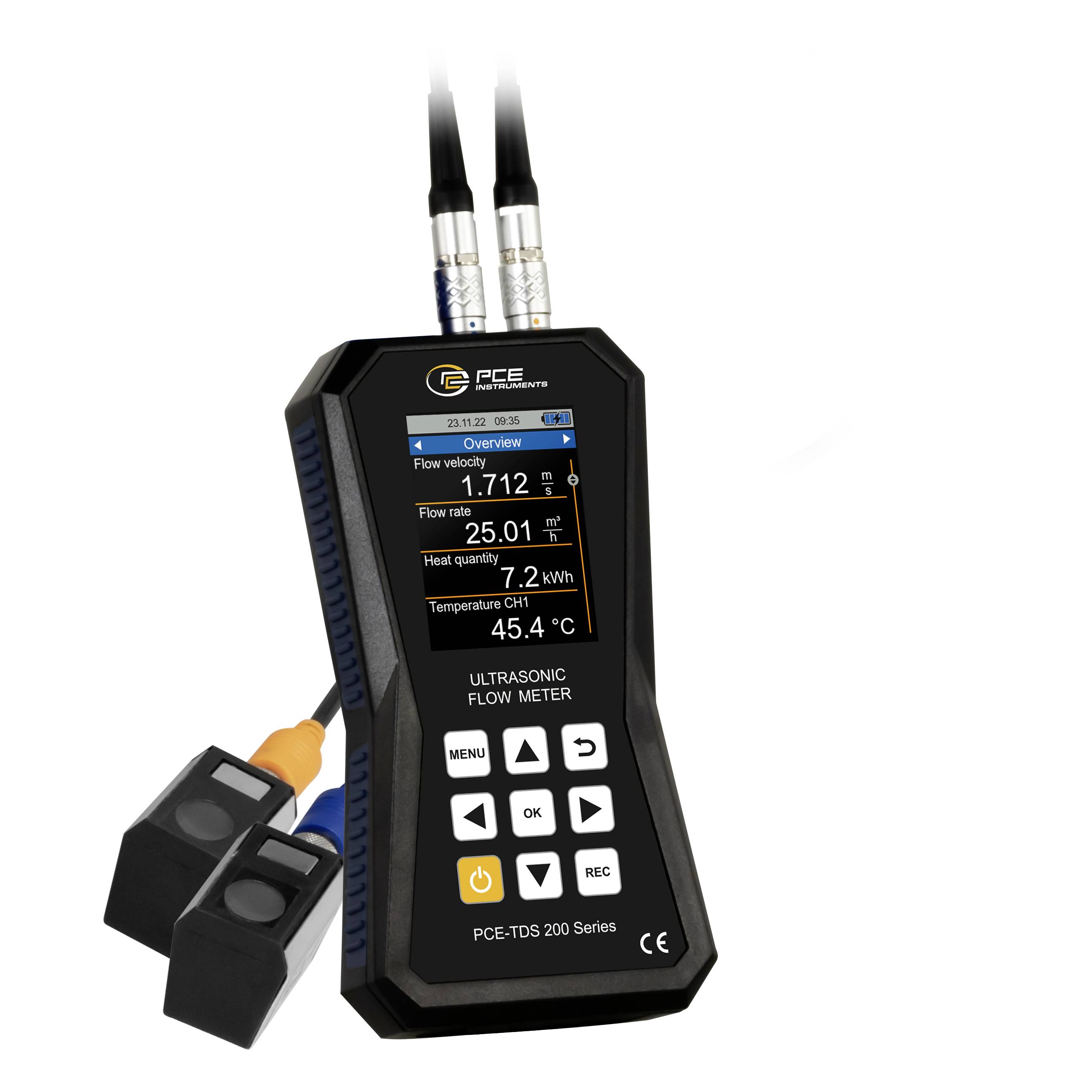 Handheld ultrasonic flow meter with display showing flow velocity, flow rate, heat quantity, and temperature, with two attached sensor probes.