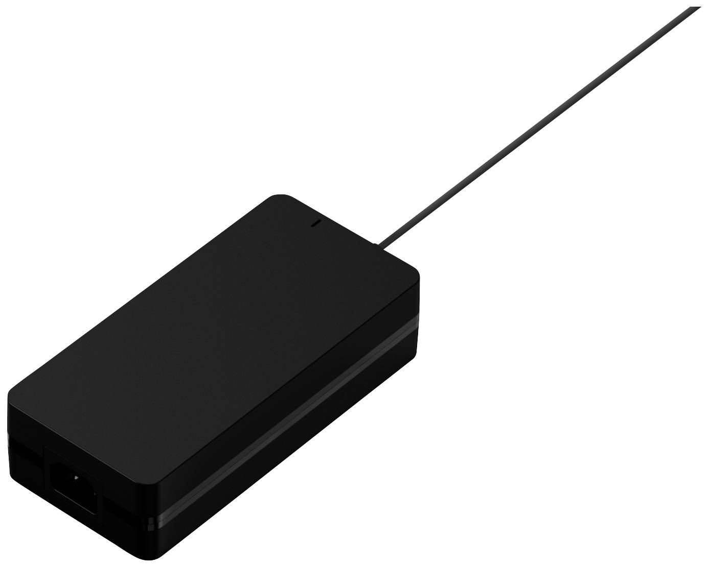 Black rectangular power adapter with a cable emerging from one corner.