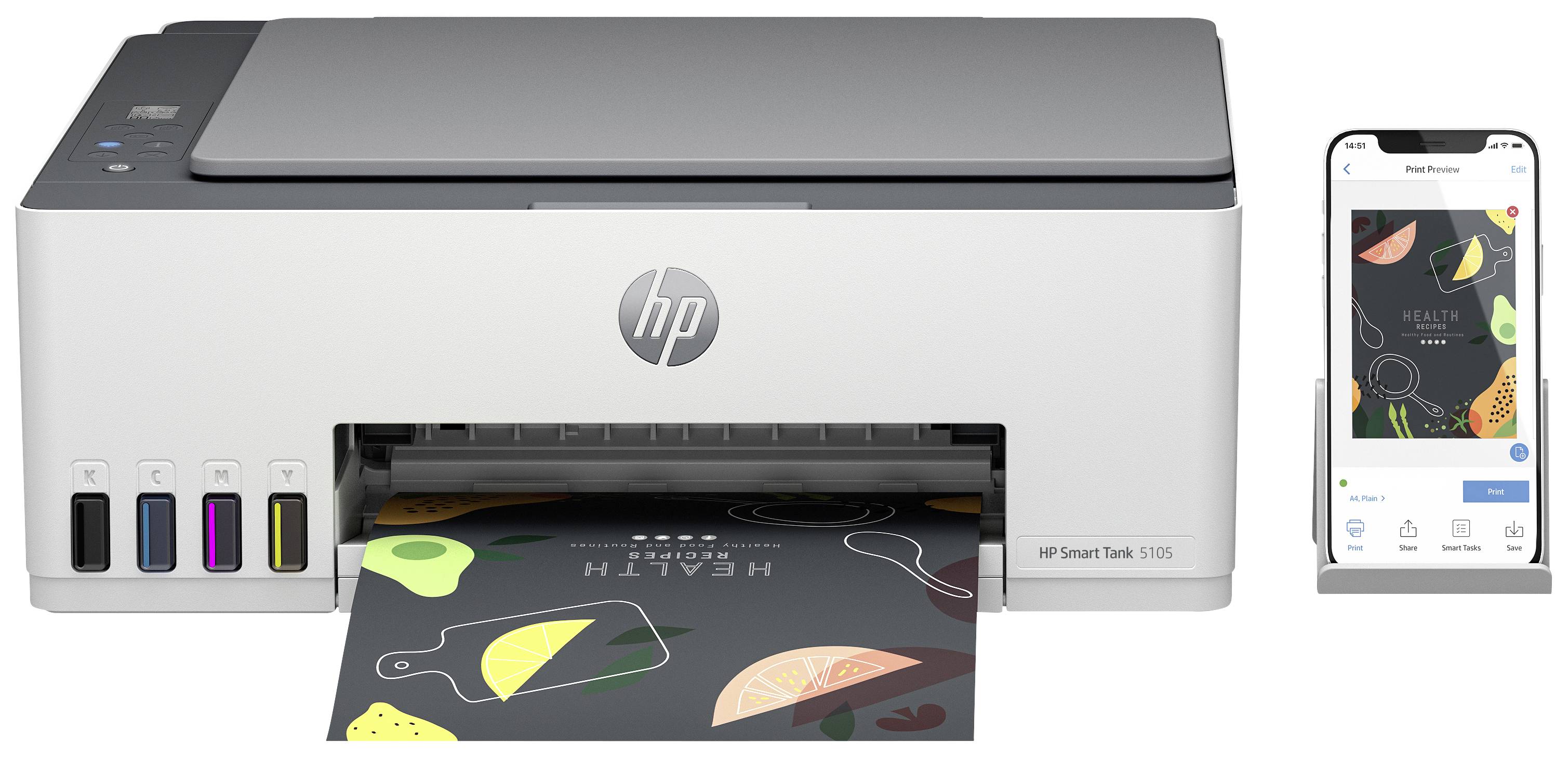A white printer with coloured ink tanks is printing a sheet with fruit motifs. Next to it, a smartphone displays the same print design.