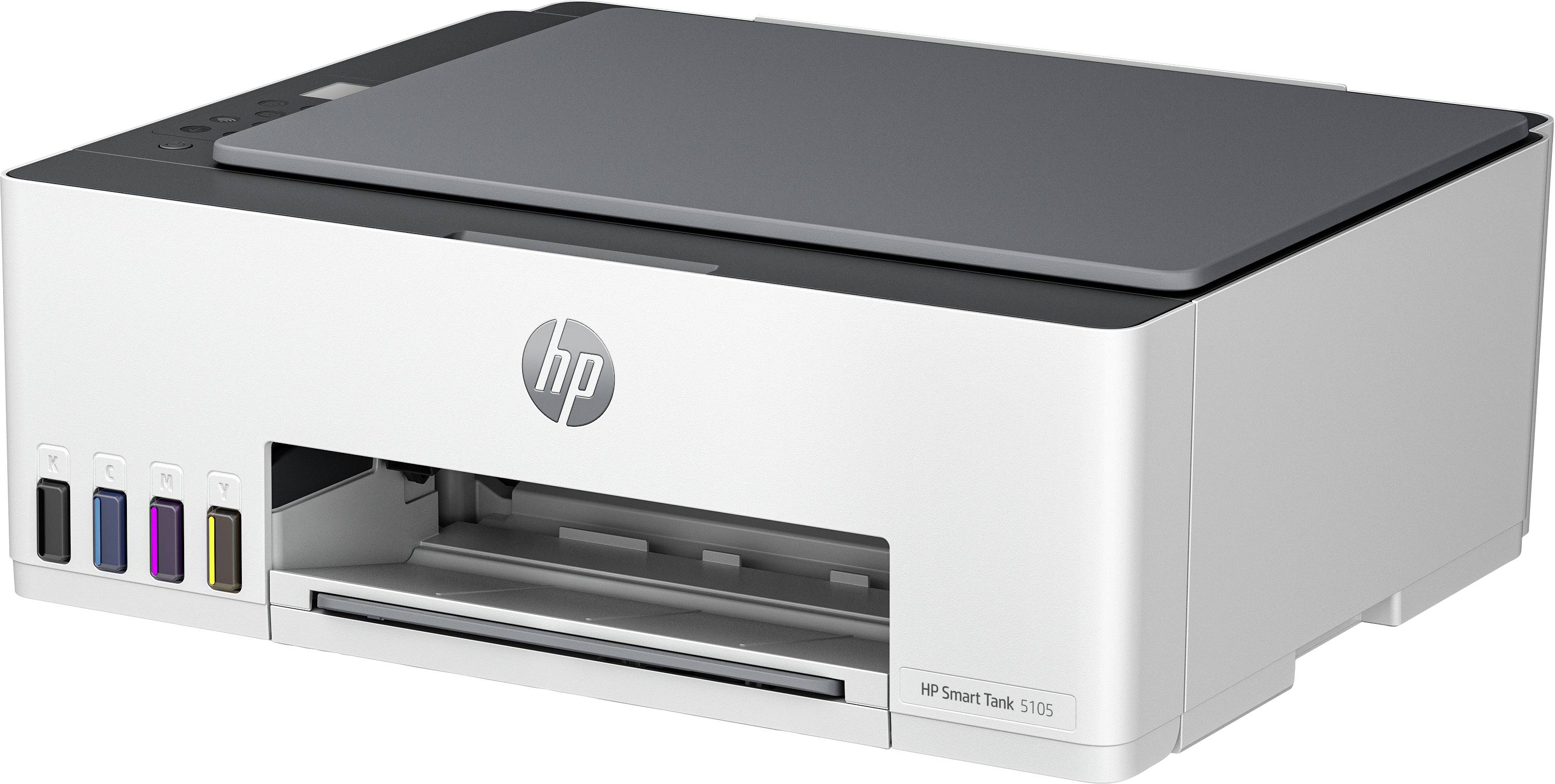 A modern printer with four ink cartridges in cyan, yellow, magenta, and black on the side.