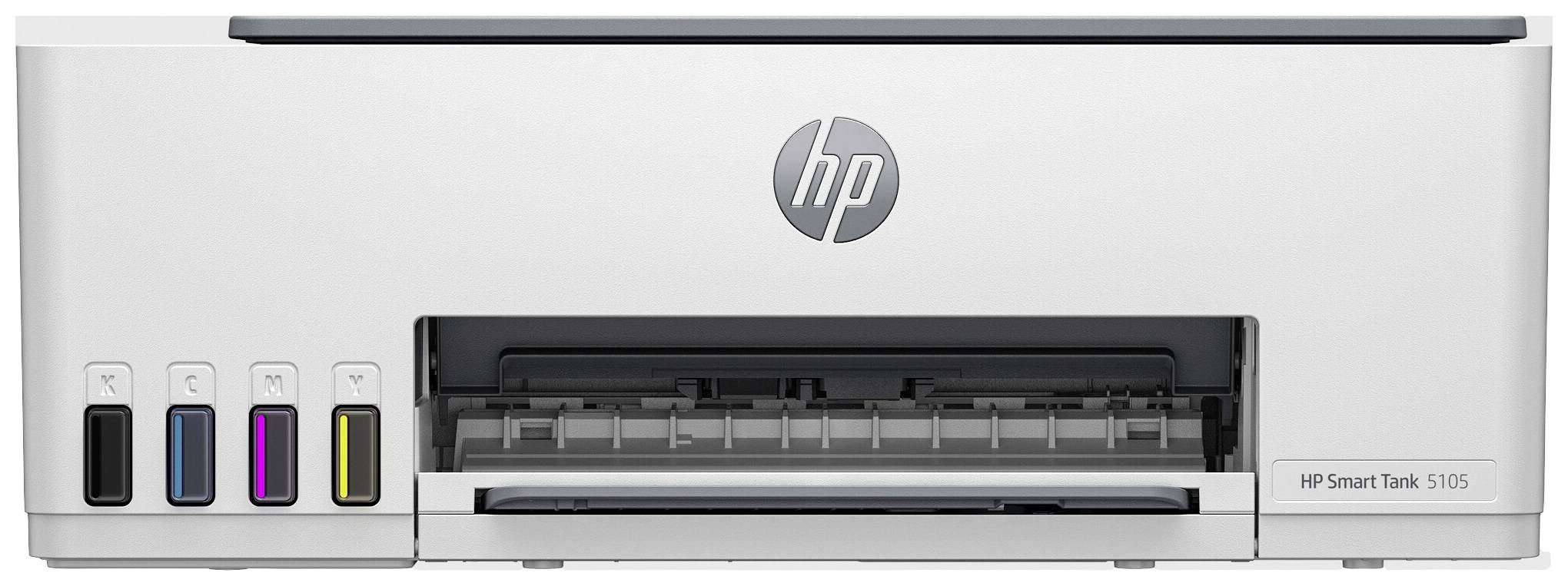 A white printer with a grey HP logo in the centre. On the left are four ink tanks in the colours Black, Cyan, Magenta, and Yellow.