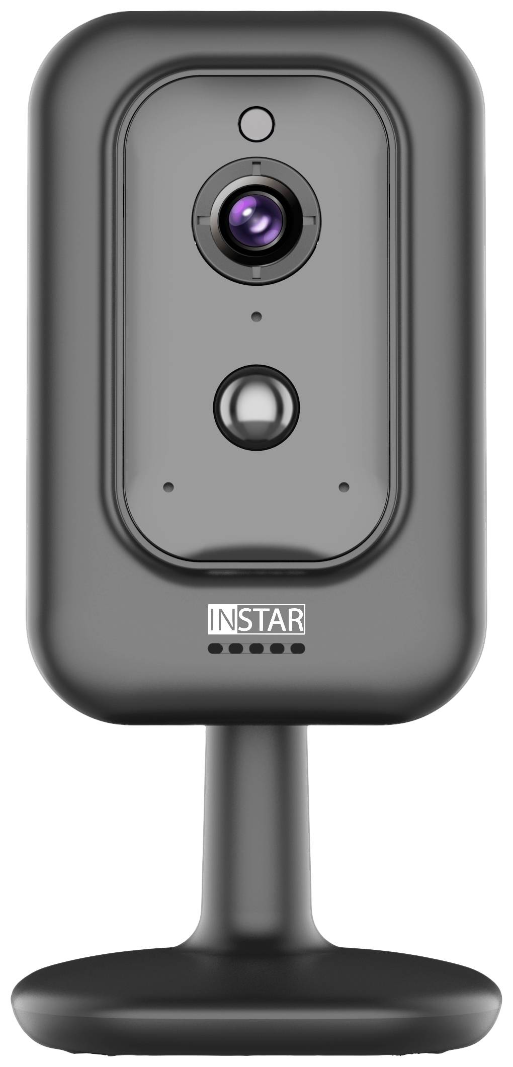 Surveillance camera in a black housing with lens unit and motion sensor, mounted on a stand.