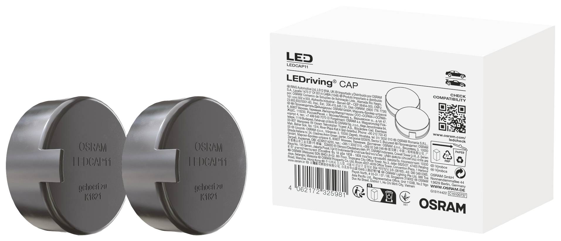 Two round, black Osram LEDriving CAP covers next to the packaging. Packaging contains product information and QR code.