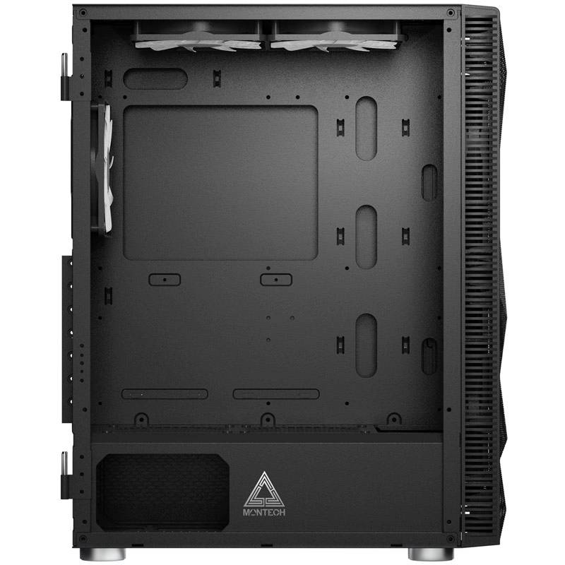 Mid-tower PC case with open interior and multiple fan mounting points, suitable for custom computer builds.
