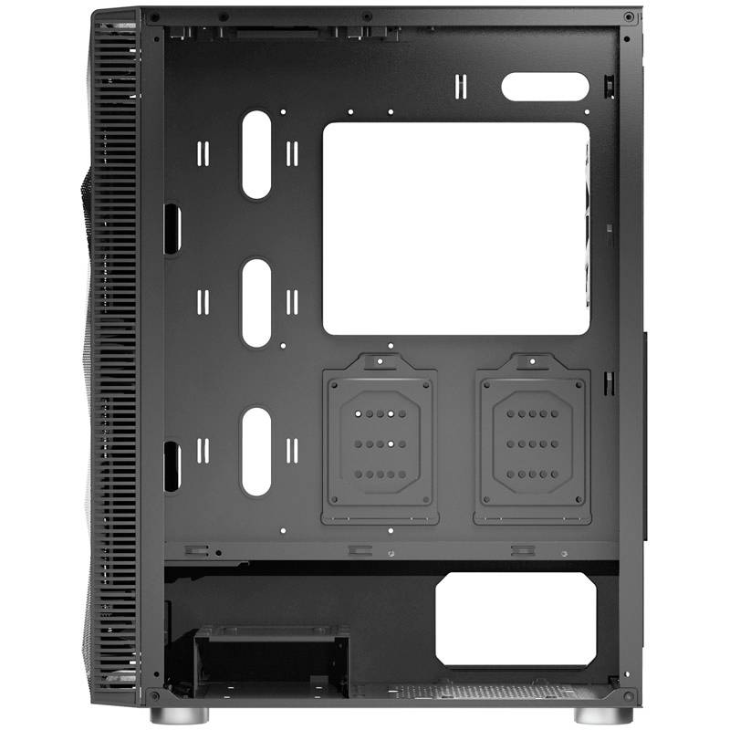 Interior view of a computer tower casing without components; shows space for motherboard, power supply, and drives.