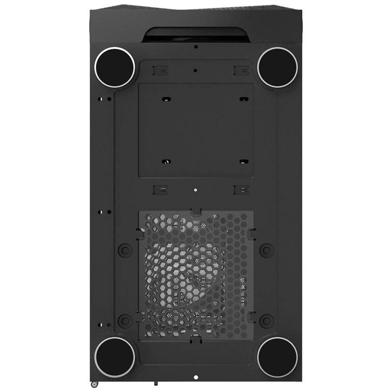 Underside of a black computer case with a removable mesh grating and four round feet. Suitable for hardware installation.